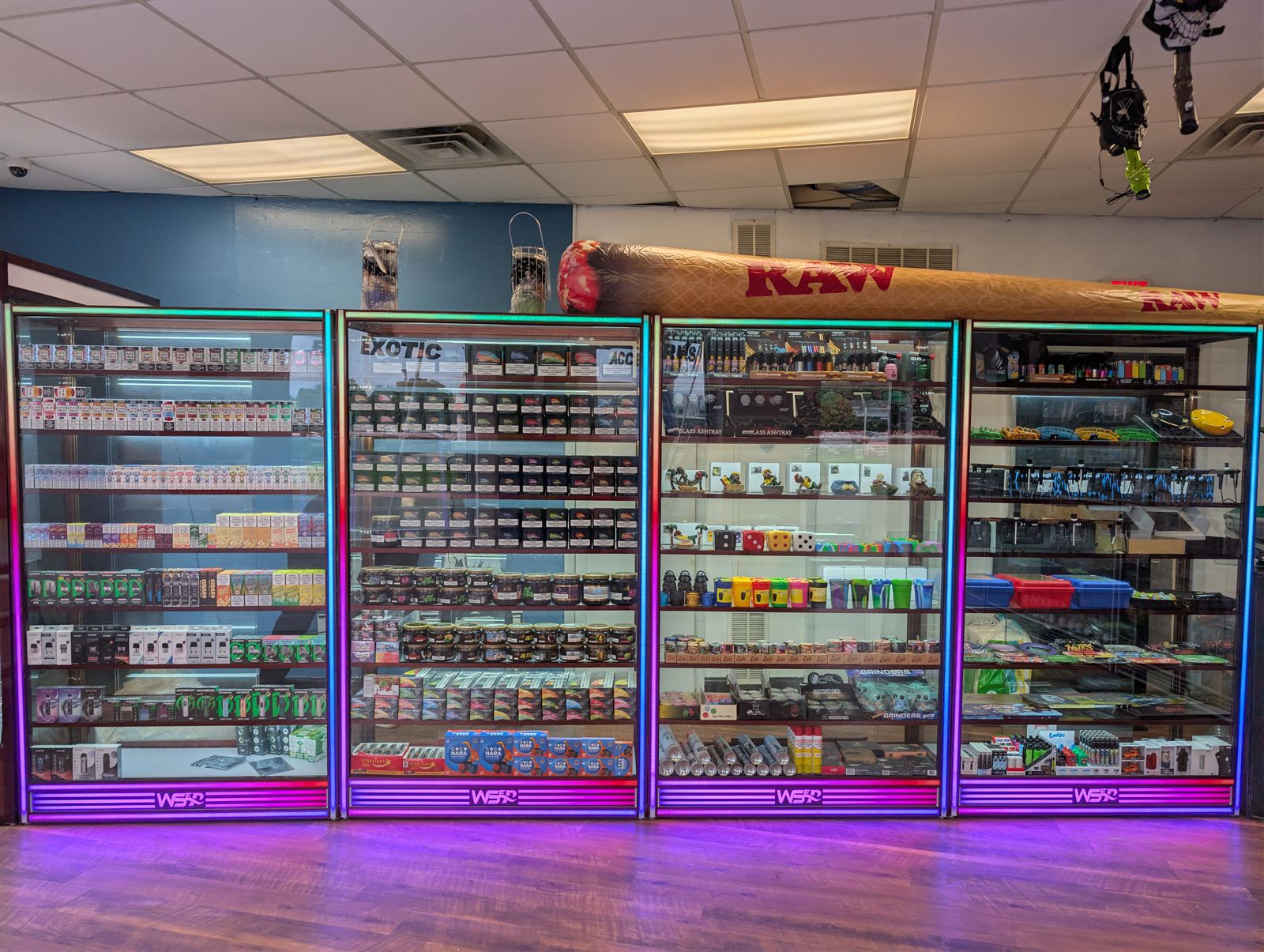 Glass display cases inside Ay Yo Smokey