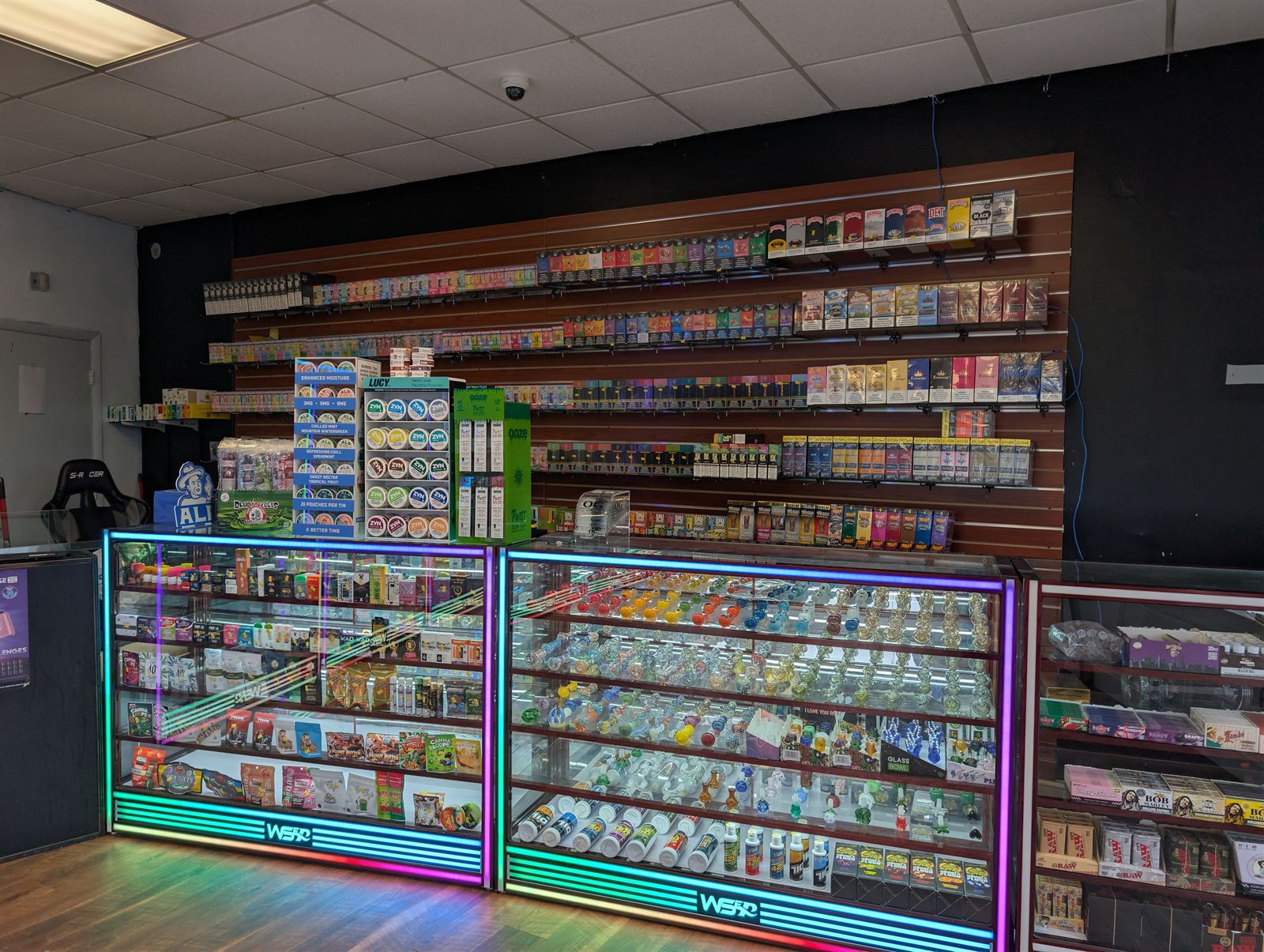 Service counter and product wall inside Ay Yo Smokey